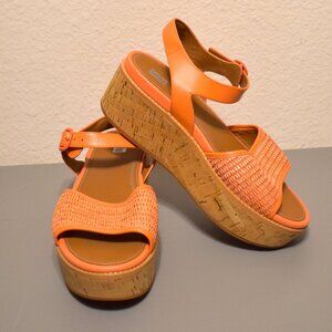 FitFlop ELOISE Cork-Wrap Woven Back-Strap Wedge Sandals Sunshine Coral‎ Size 9